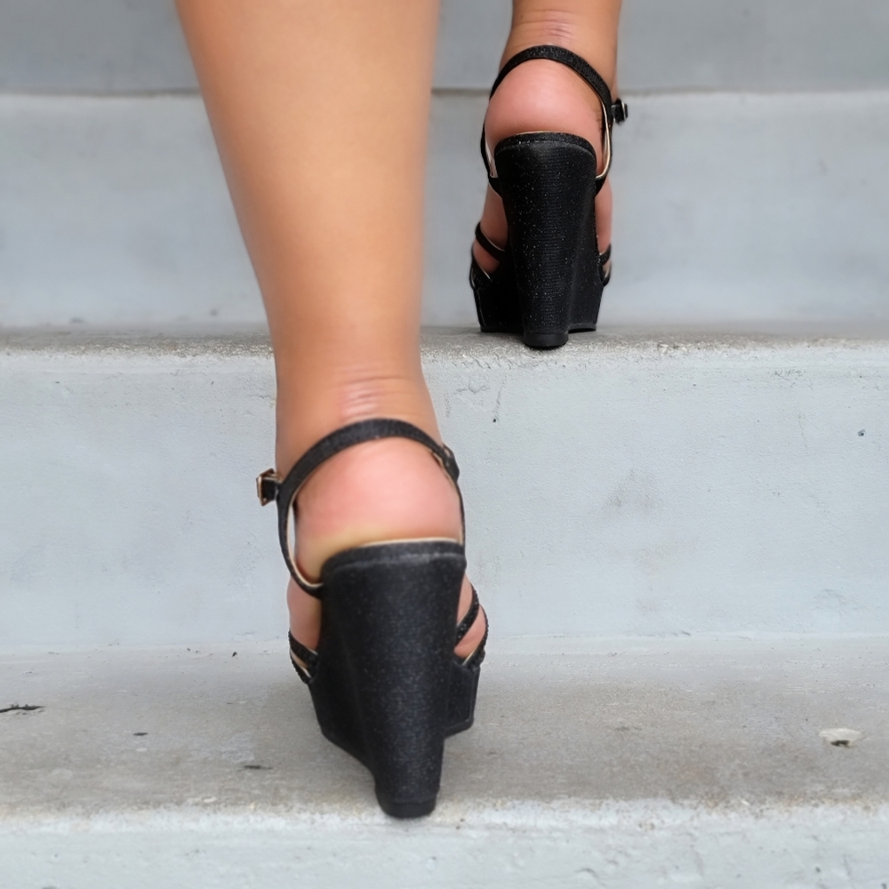 Black Glitter Espadrille Platform Wedges Peep Toe - Picture 4 of 6